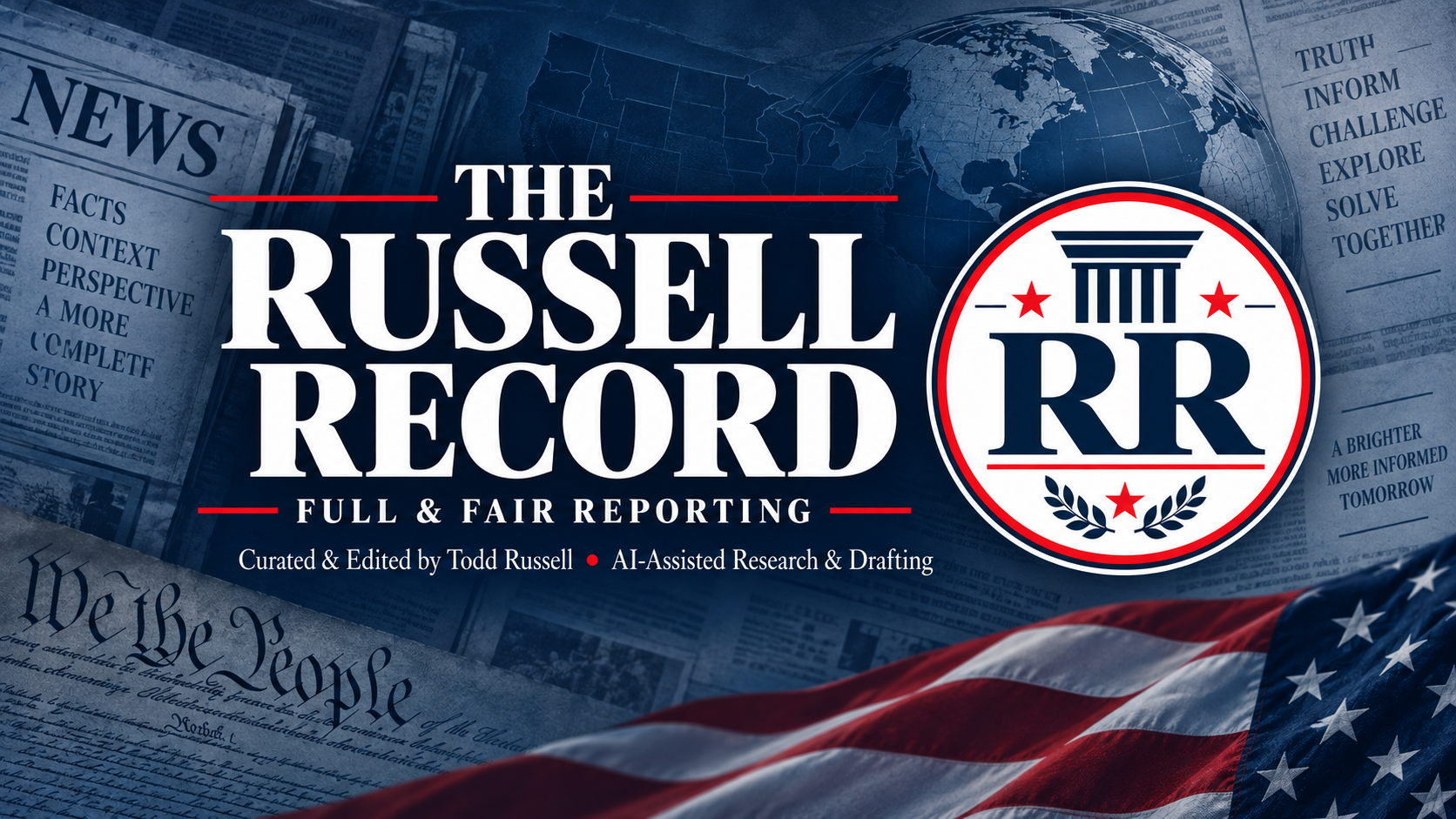 The Russell Record — Full & Fair Reporting. An RR emblem, American flag, globe, and newspaper background.
