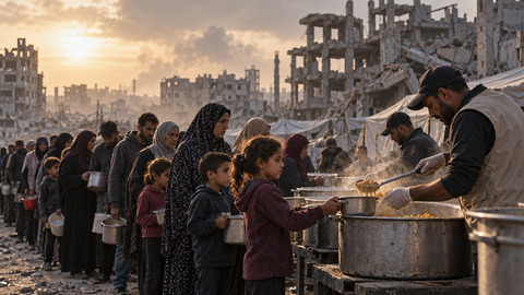 Symbolic AI-assisted illustration of a food-distribution queue amid damaged buildings in Gaza; not a documentary photograph of recipients or the reported October 2026 distribution.