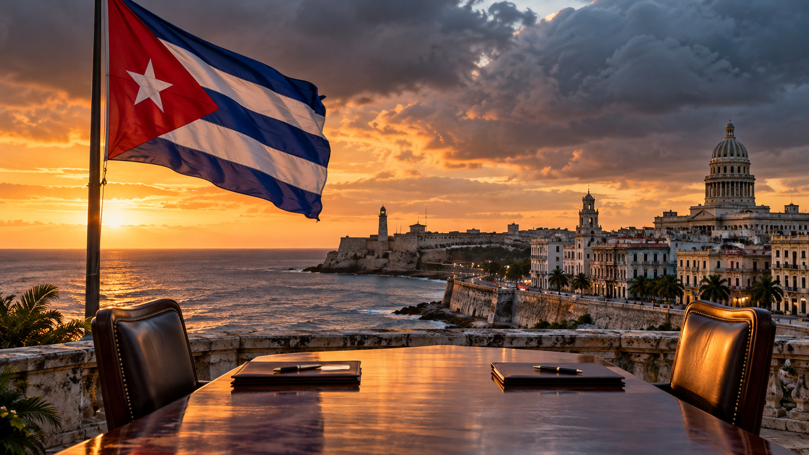 Symbolic empty meeting table overlooking Havana and a Cuban flag, representing U.S.–Cuba diplomacy.