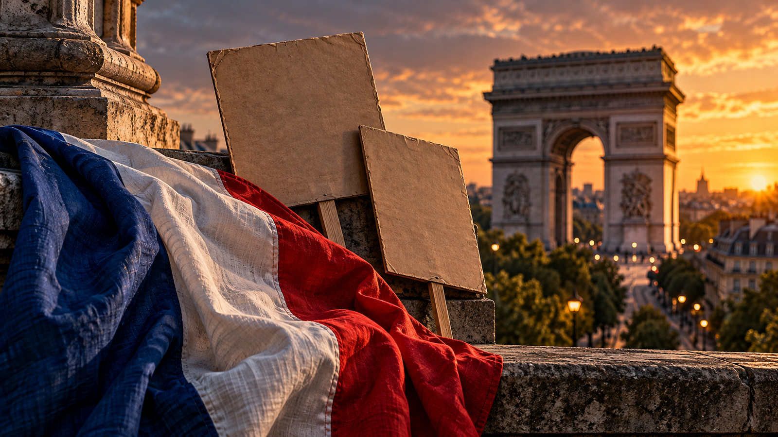 Symbolic cinematic still-life of French tricolor fabric and blank protest placards near a Paris arch; not a photograph of the October 24 demonstrations.