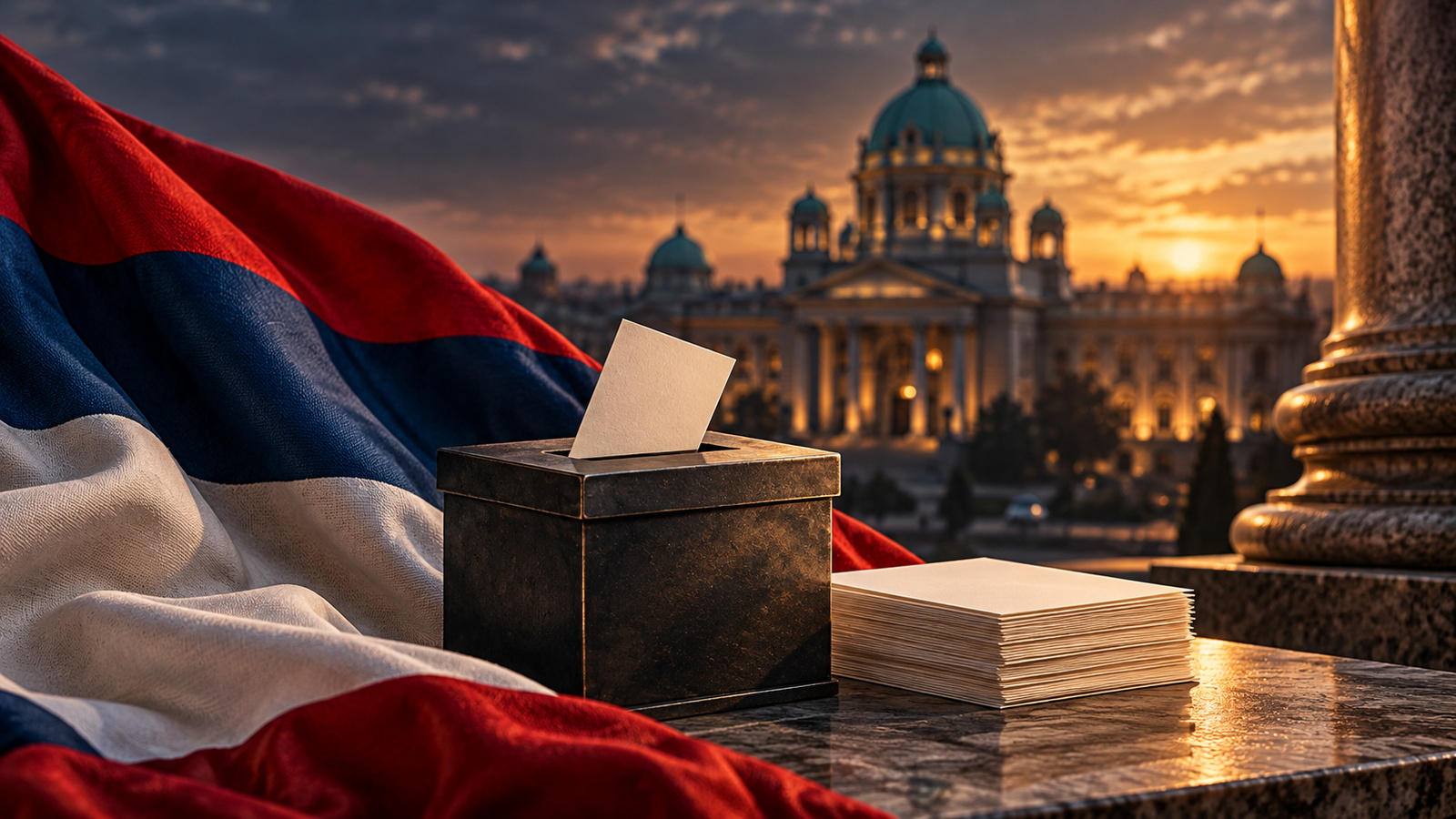 Conceptual Serbian tricolor, miniature ballot box and blank ballots beside parliament-inspired architecture at dusk; not an actual polling place or election-night gathering.