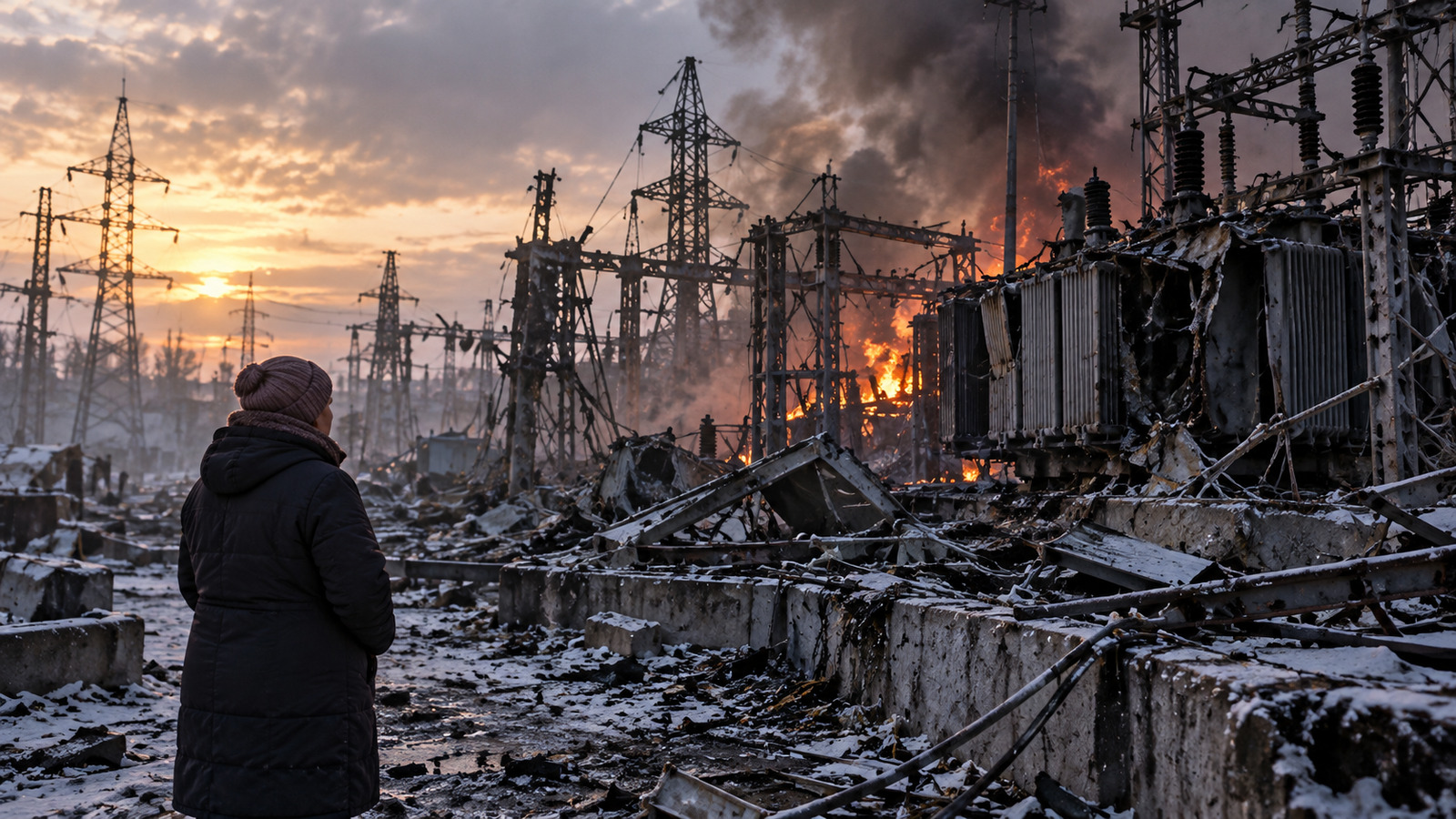 Symbolic AI-assisted illustration of a damaged electrical installation and an unidentified observer in Ukraine; not a documentary photograph of the reported October 19 strikes.