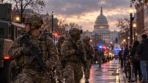 Symbolic AI-assisted illustration of uniformed personnel on a Washington street near the Capitol; not a documentary photograph of the Eastern Market shooting or its participants.