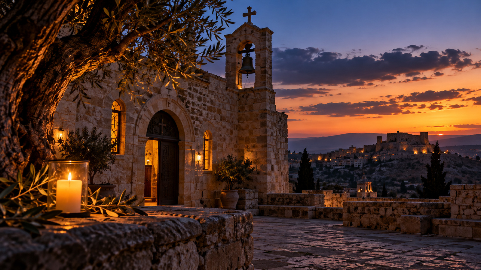 Symbolic empty Jordanian stone chapel at dusk, expressing mourning without portraying the attack.