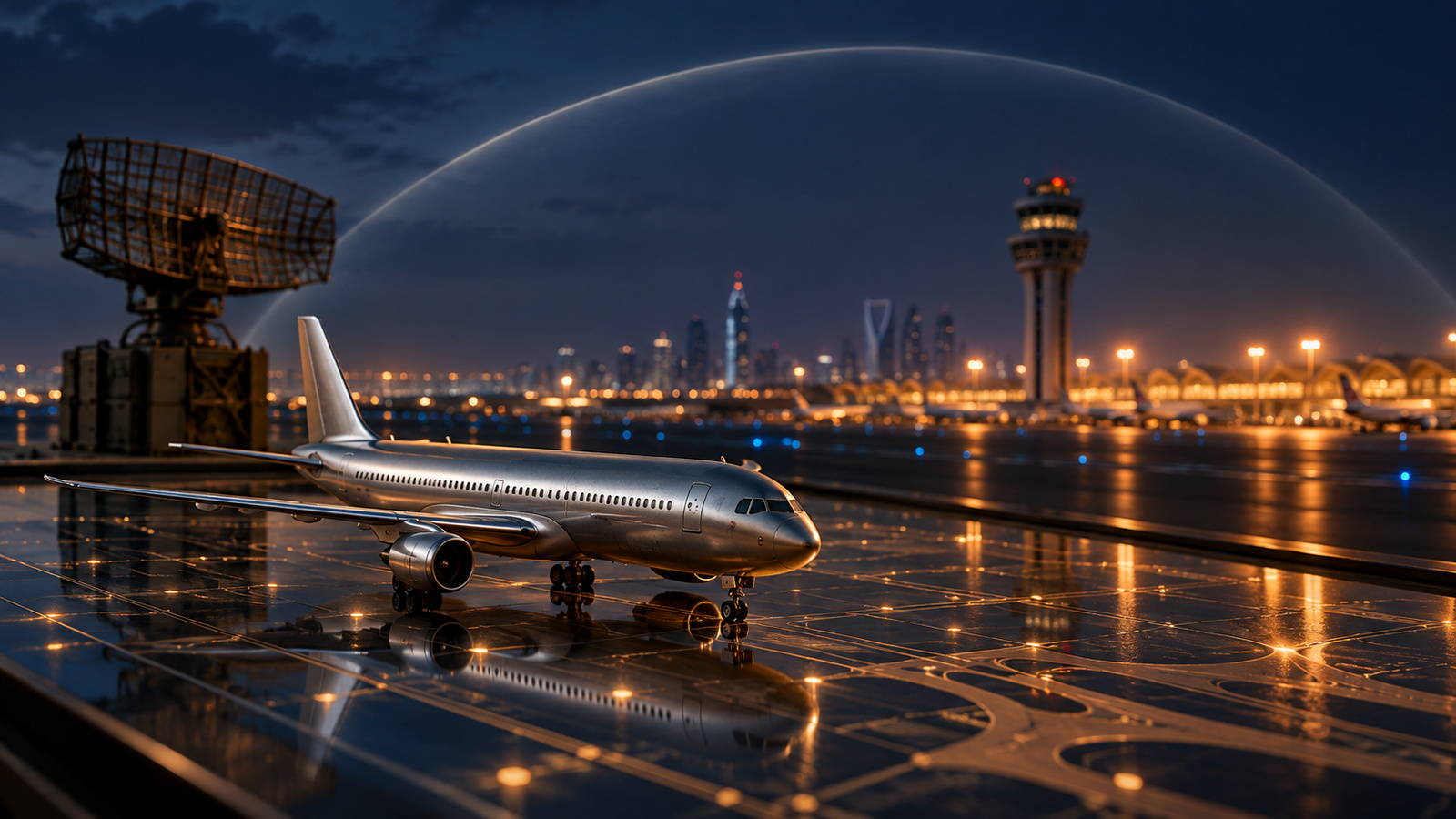 Symbolic cinematic still-life of an unmarked passenger-airplane model, radar and a distant airport control tower; not a photograph of an interception or attack.