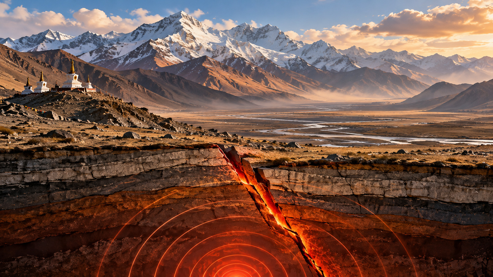 Conceptual geological cutaway beneath a Tibetan plateau landscape illustrating earthquake fault movement; not a photograph of October 22 quake damage.