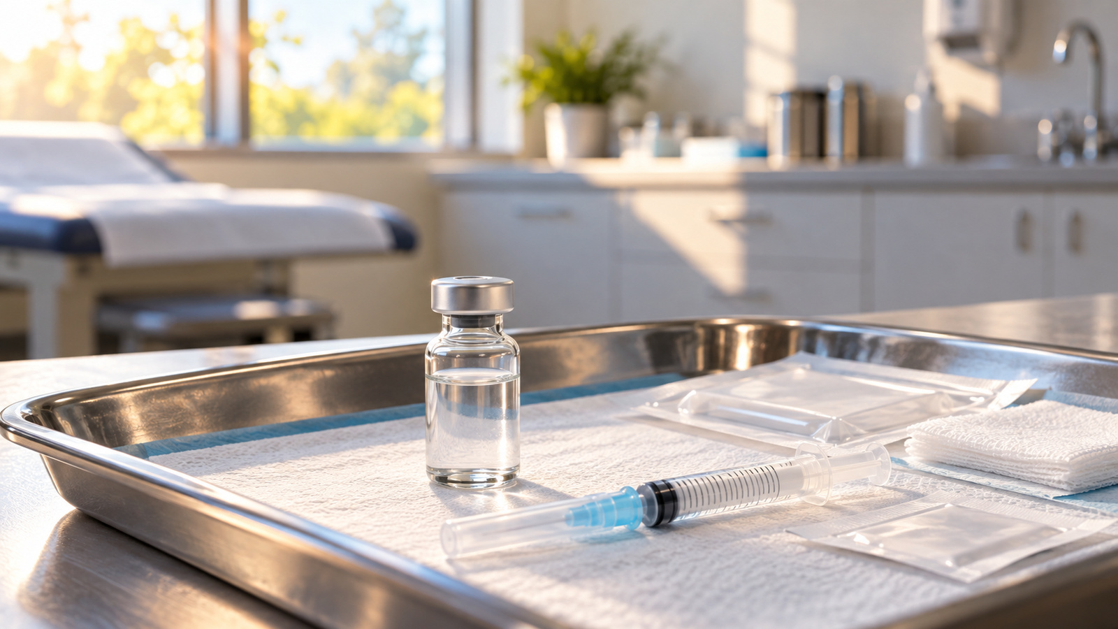 Symbolic still-life of an unlabelled vaccine vial, capped syringe and immunization supplies in an empty clinical setting; not a photograph of an actual patient, vaccination event or outbreak.