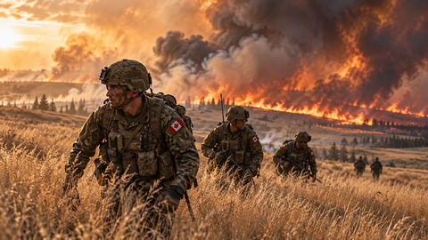 Symbolic AI-assisted illustration of unidentified Canadian soldiers moving through grass near a fire; not a photograph of the Wainwright incident or its victims.