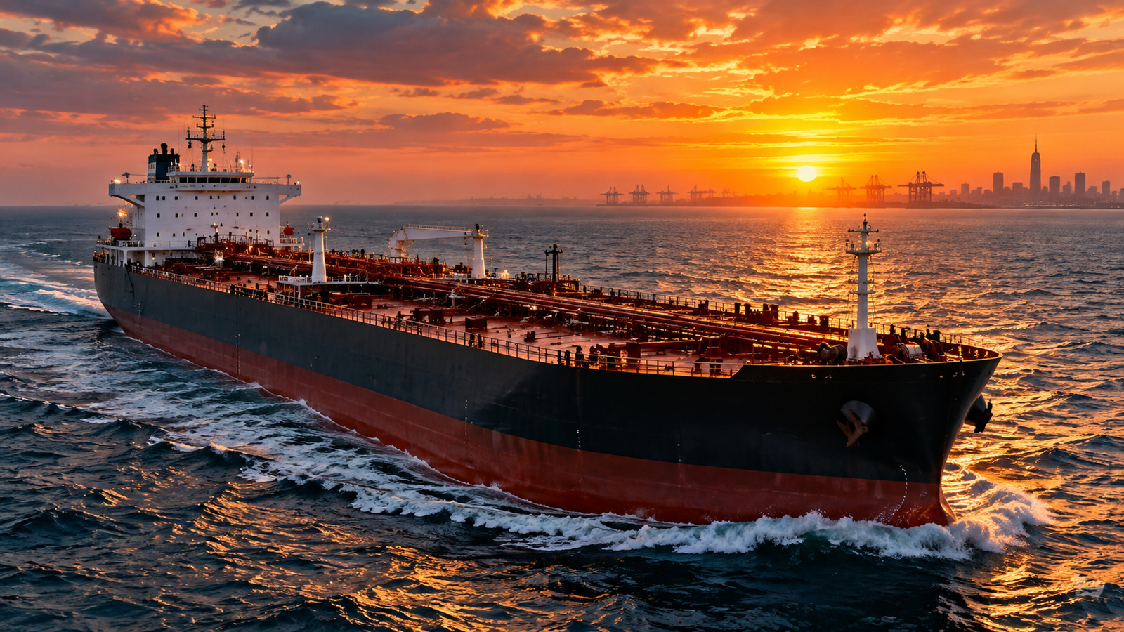 Conceptual view of commercial shipping approaching the Strait of Hormuz at sunset; the image symbolizes the security stakes, not the Tehran delegation or a particular reported event.