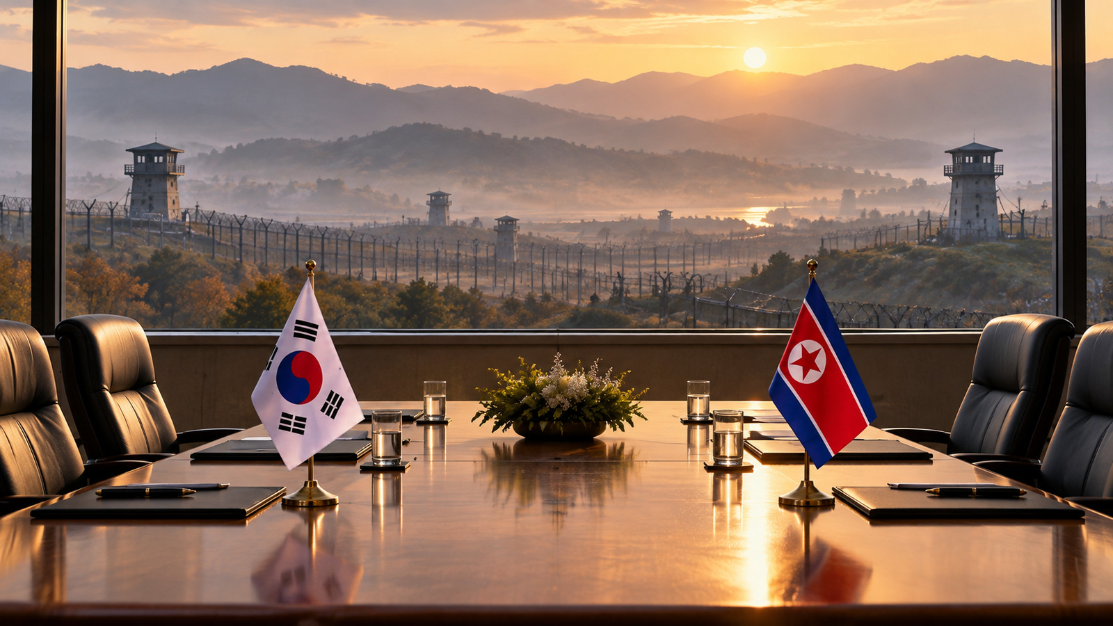 Symbolic empty negotiation table with South and North Korean flags and a stylized fortified border beyond; not an actual scheduled meeting.