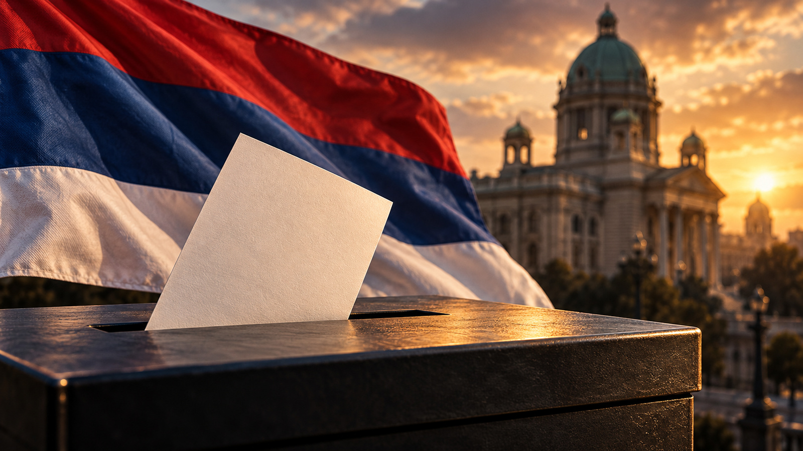 Symbolic cinematic still-life of a blank ballot entering a ballot box, Serbian tricolor fabric and parliament-inspired architecture; not an actual polling-station photograph or election result.