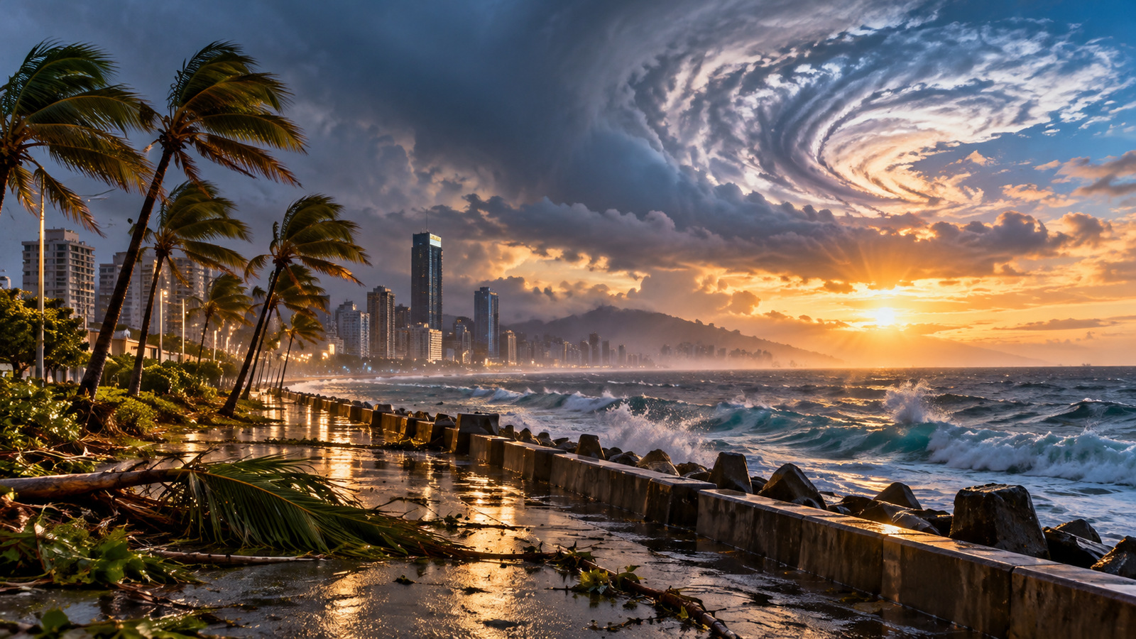 Symbolic storm-weather coastline and large surf, not a documentary image of damage in Taiwan.
