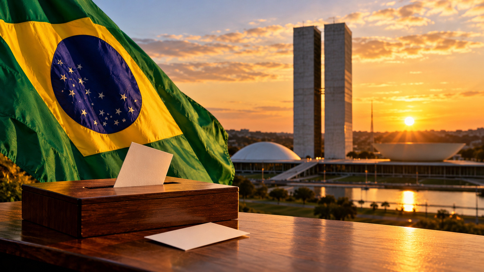 Symbolic Brazilian flag, unmarked ballot box and Brasília buildings at sunset.