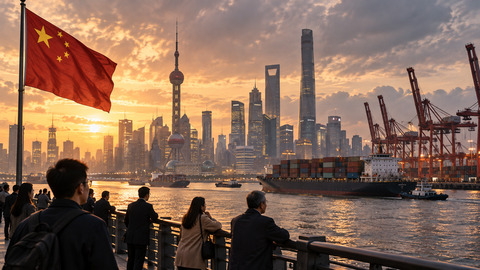 Symbolic AI-assisted illustration of Shanghai waterfront buildings, port activity and a Chinese flag; not documentary imagery of the reported GDP release.