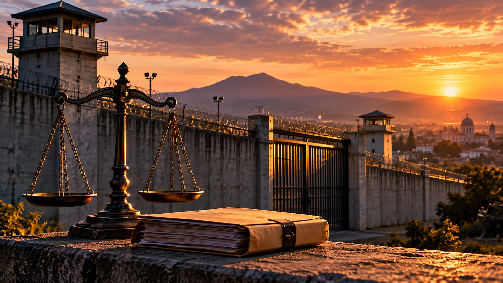 Symbolic prison exterior with scales of justice and legal documents; not an actual facility or detainees involved in the reported review.