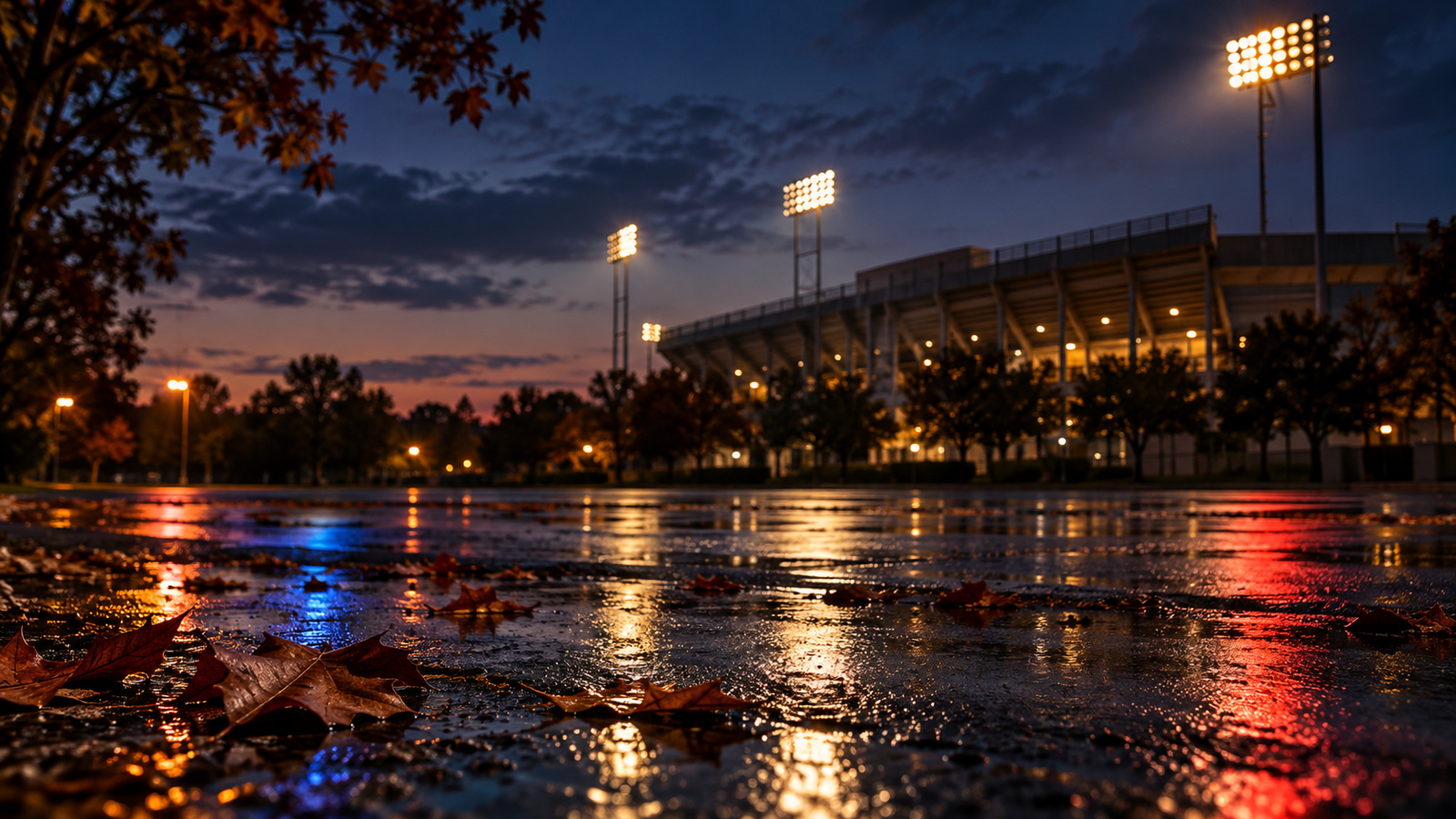 Symbolic cinematic view of empty stadium lights and muted red-and-blue reflections on wet pavement; not a photograph of the Tallahassee shooting or the actual campus.