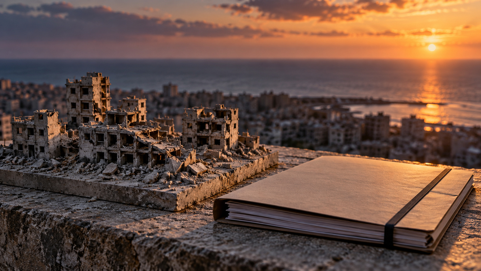 Conceptual miniature model of damaged urban buildings beside an unmarked investigation folder and Mediterranean horizon; not a documentary photograph or evidence of a particular attack.