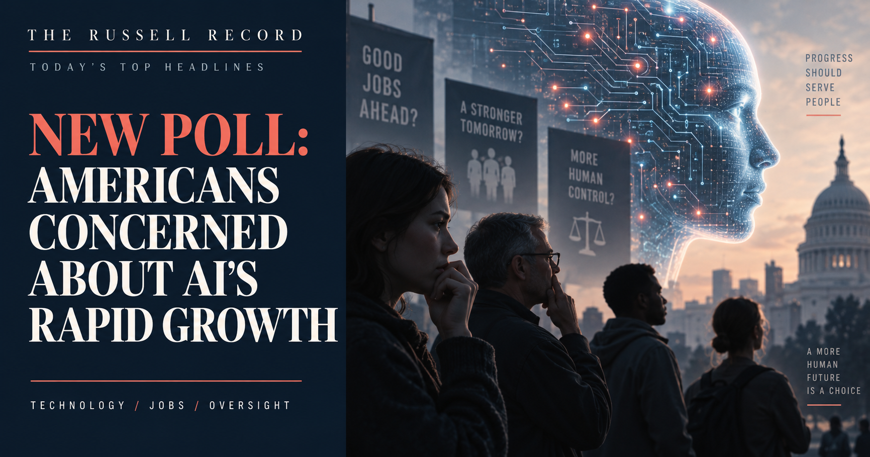 Editorial cover showing the headline New Poll: Americans Concerned About AI's Rapid Growth beside citizens and a large AI profile.