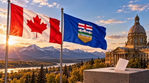 Symbolic AI-assisted editorial illustration of Canadian and Alberta flags, mountains, a legislative building and a ballot box; not a documentary photograph of the referendum.