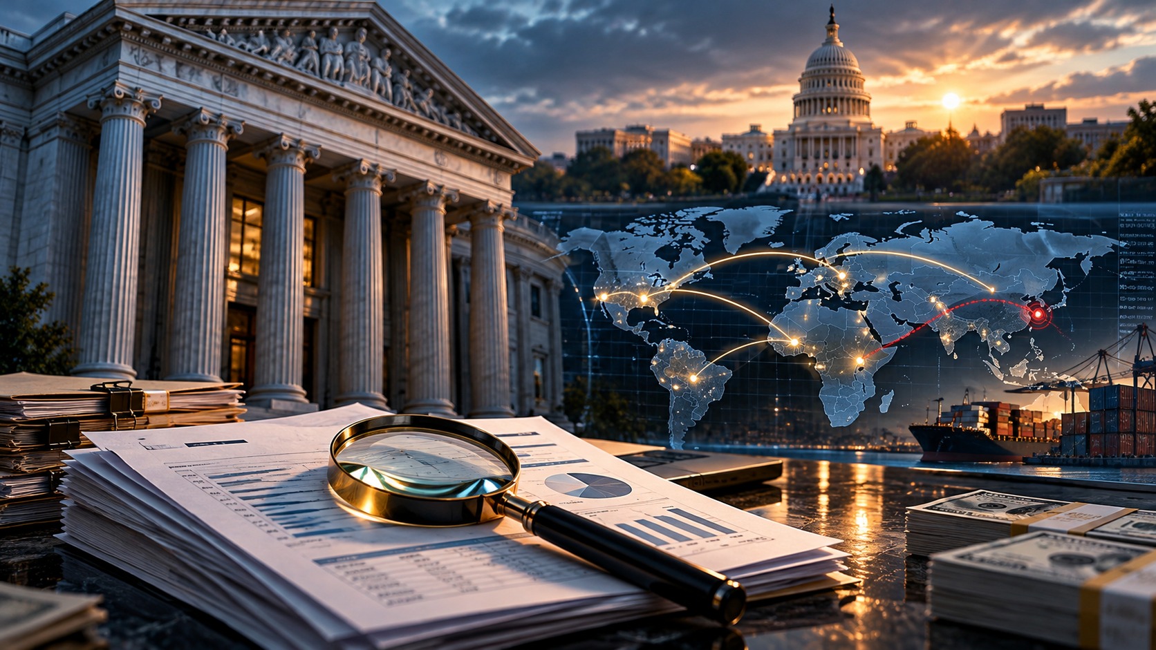 Symbolic editorial illustration of a classical bank building, the U.S. Capitol, a globe with financial connections, compliance documents and a magnifying glass; not a documentary photograph.