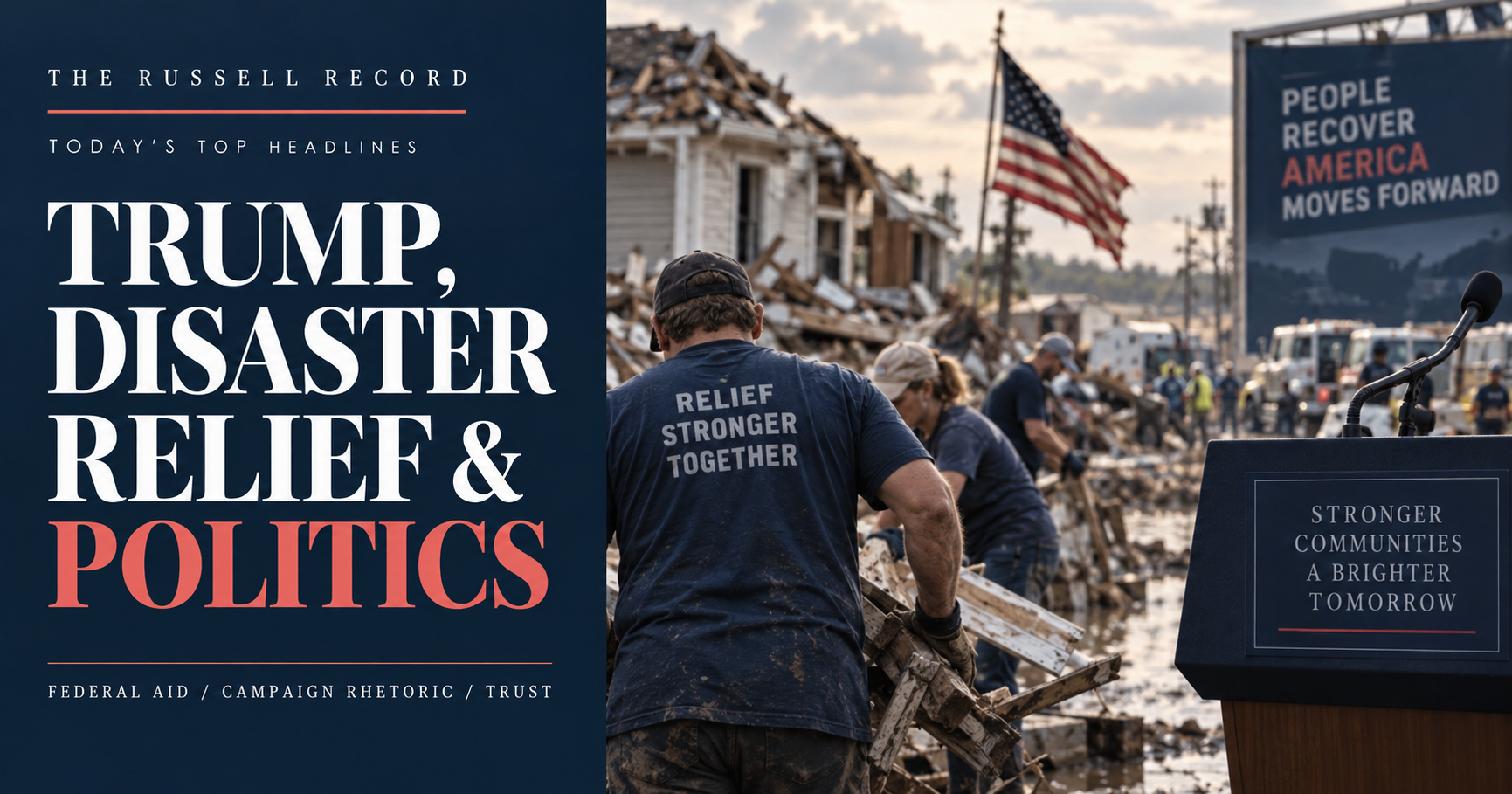 Editorial cover showing the headline Trump, Disaster Relief and Politics beside a disaster cleanup scene and a podium.