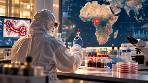 Symbolic AI-assisted editorial illustration for Nigeria confirms imported Ebola case as health officials track 44 contacts; not a documentary photograph.