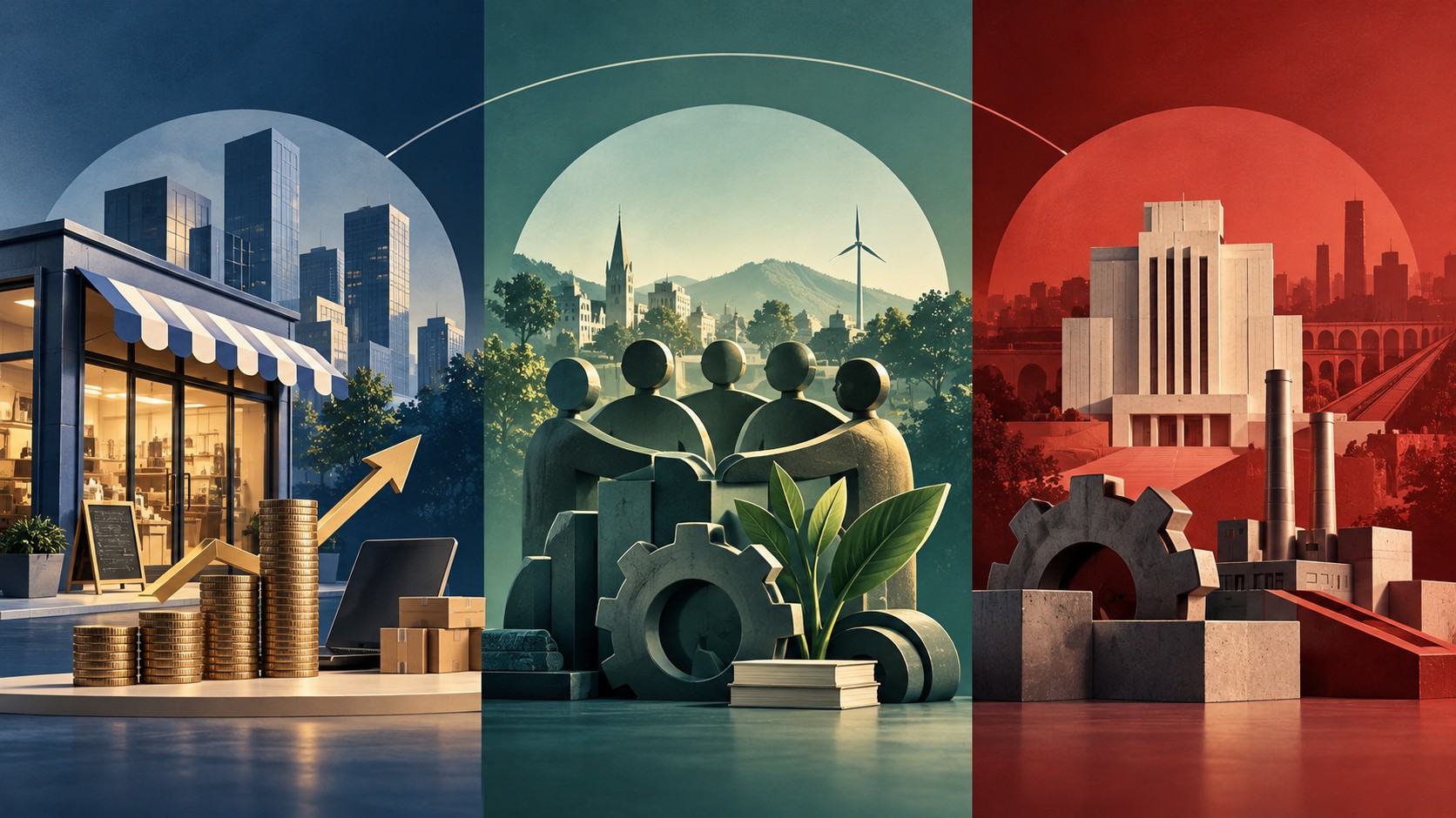 Symbolic text-free triptych illustrating private enterprise, cooperative ownership and government-directed industry. It does not rank economic systems. Symbolic editorial illustration; not a documentary photograph.