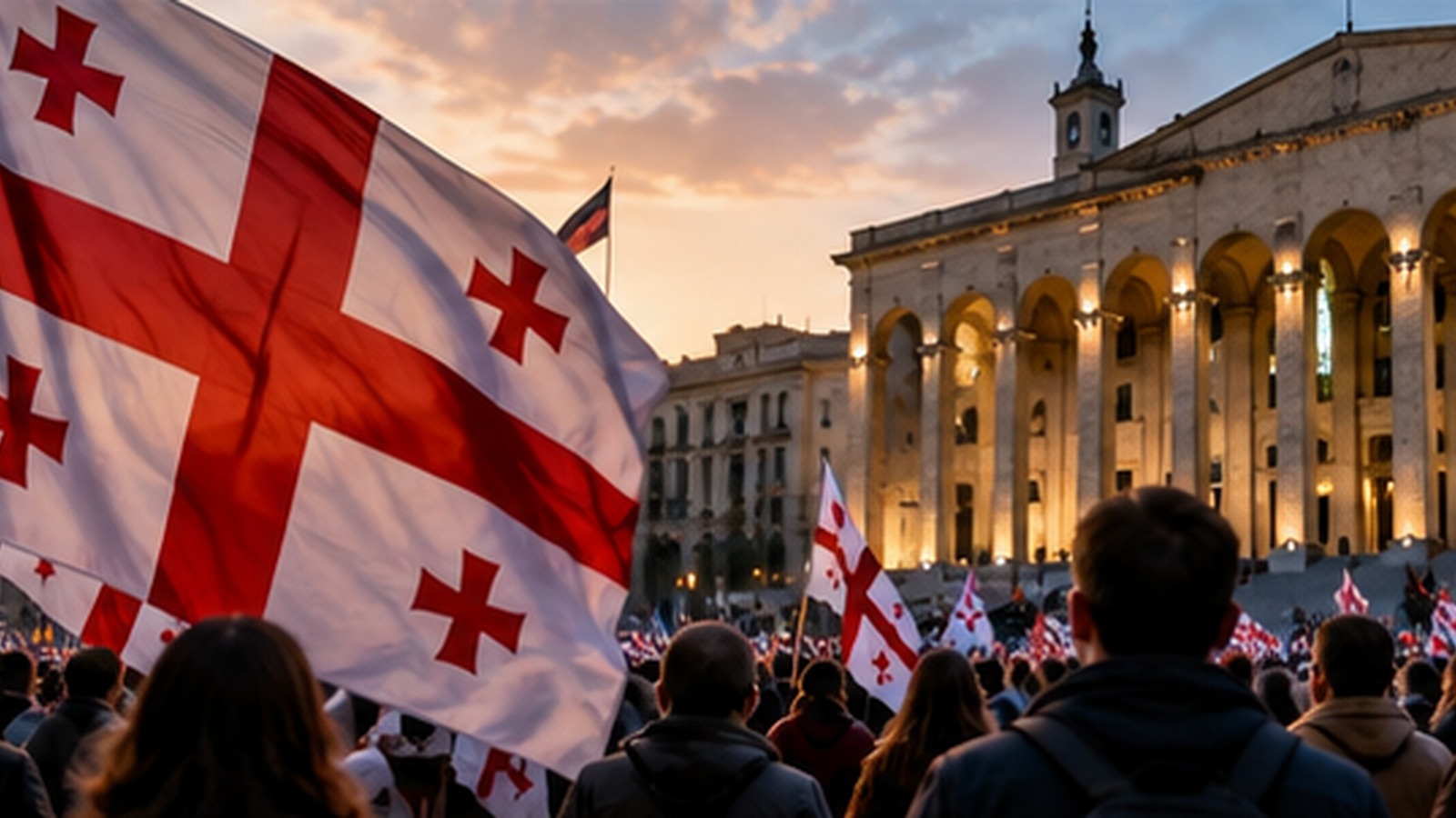 Symbolic editorial illustration of Georgian flags and a crowd outside an institutional building.
