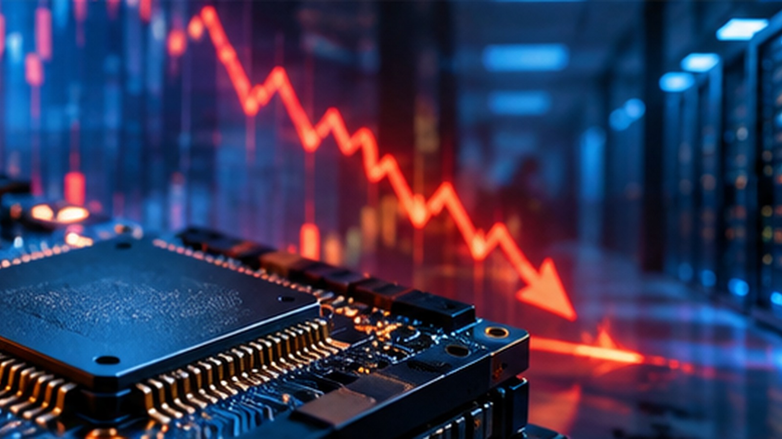 Symbolic editorial illustration of a computer chip beneath a declining market chart.
