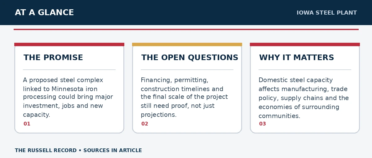 Three editorial facts or concepts about Iowa’s Proposed $15 Billion Steel Plant: Promise and Proof, with their details and citations in the article.