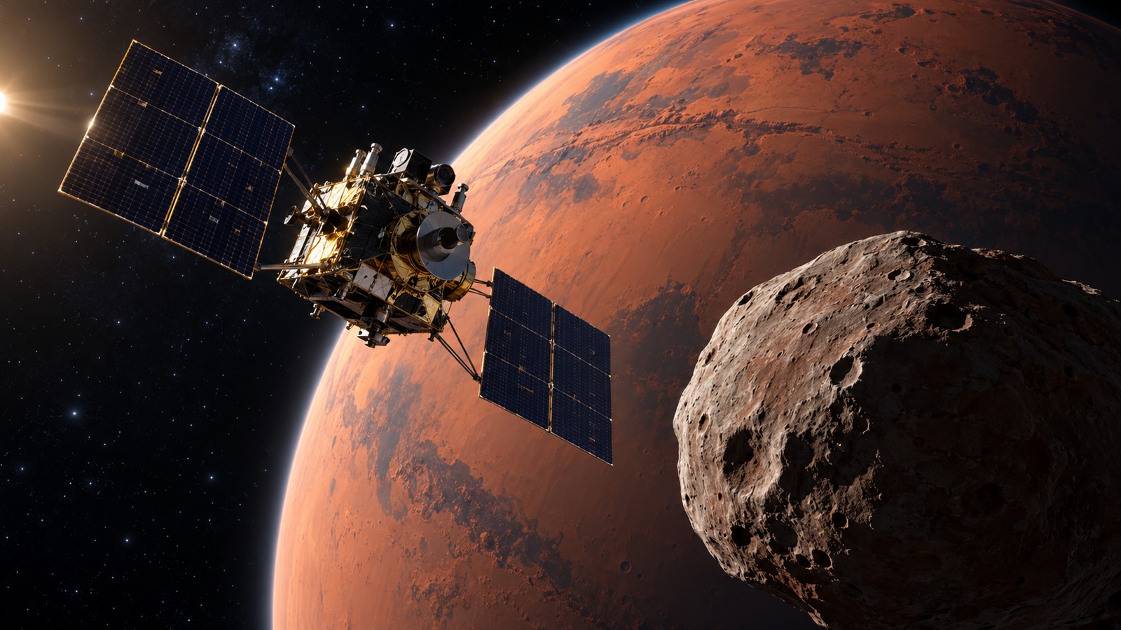 Symbolic AI-assisted editorial illustration of a spacecraft near Phobos and Mars; not an actual mission photograph or a scale diagram.
