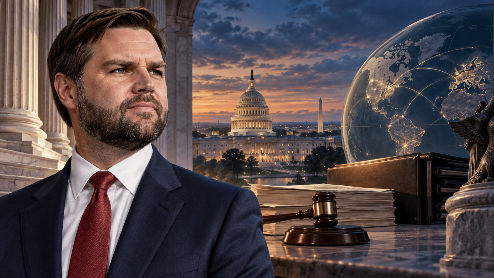 Symbolic editorial illustration portraying Vice President JD Vance against the U.S. Capitol with a gavel and a globe representing legislative duties and diplomacy; not a documentary photograph.