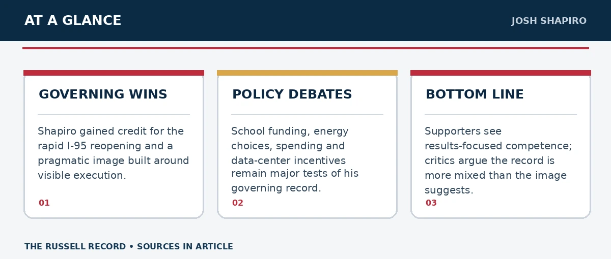 Three editorial facts or concepts about Josh Shapiro: Governing Results and Ideological Lines, with their details and citations in the article.
