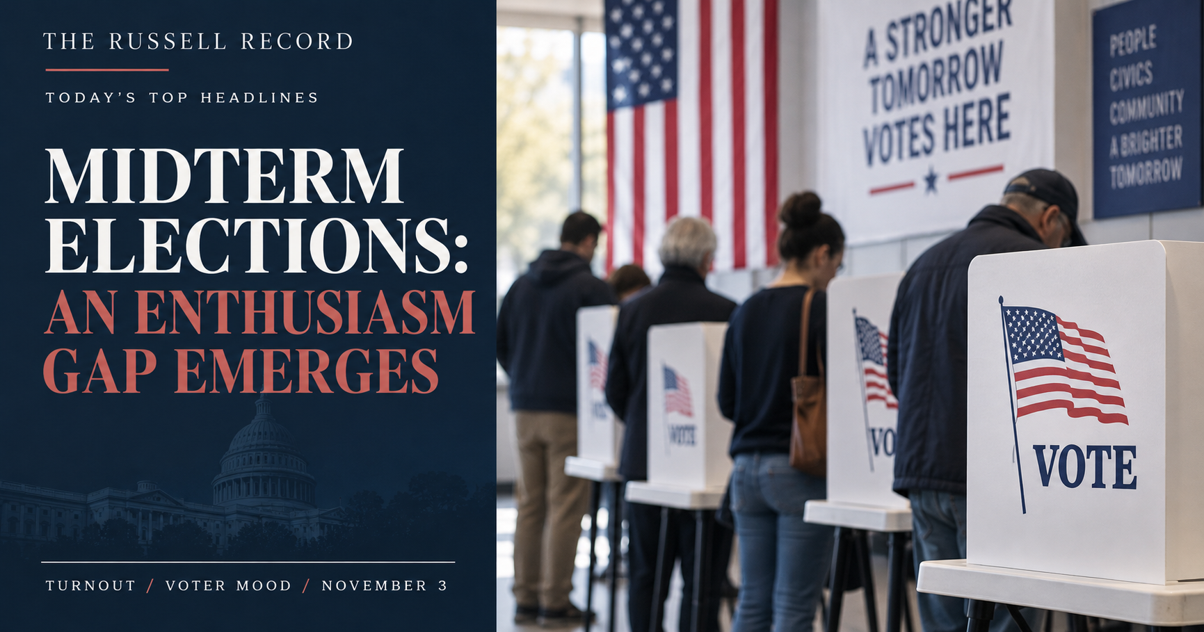 Editorial cover showing the headline Midterm Elections: An Enthusiasm Gap Emerges beside voters casting ballots.