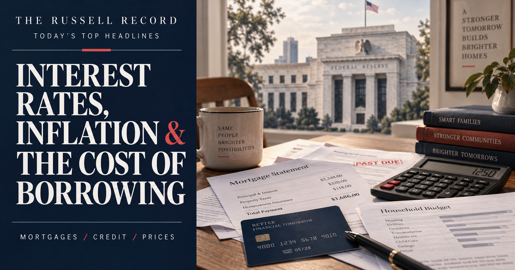 Editorial cover showing the headline Interest Rates, Inflation and the Cost of Borrowing beside household bills and the Federal Reserve.