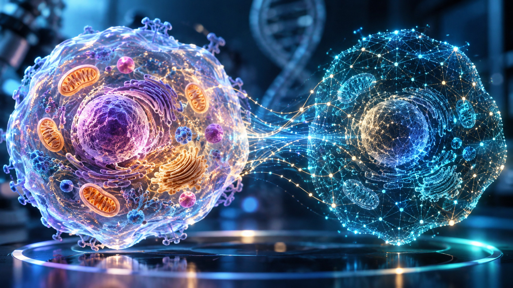 Conceptual illustration of AI and cell research; not an image of an achieved virtual-cell model.