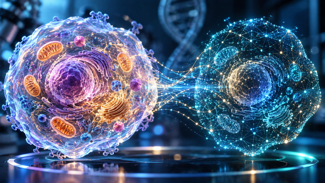 Conceptual illustration of AI and cell research; not an image of an achieved virtual-cell model.