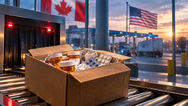 Symbolic illustration of international prescription mail and customs procedures; not a photograph of an actual shipment or seizure.