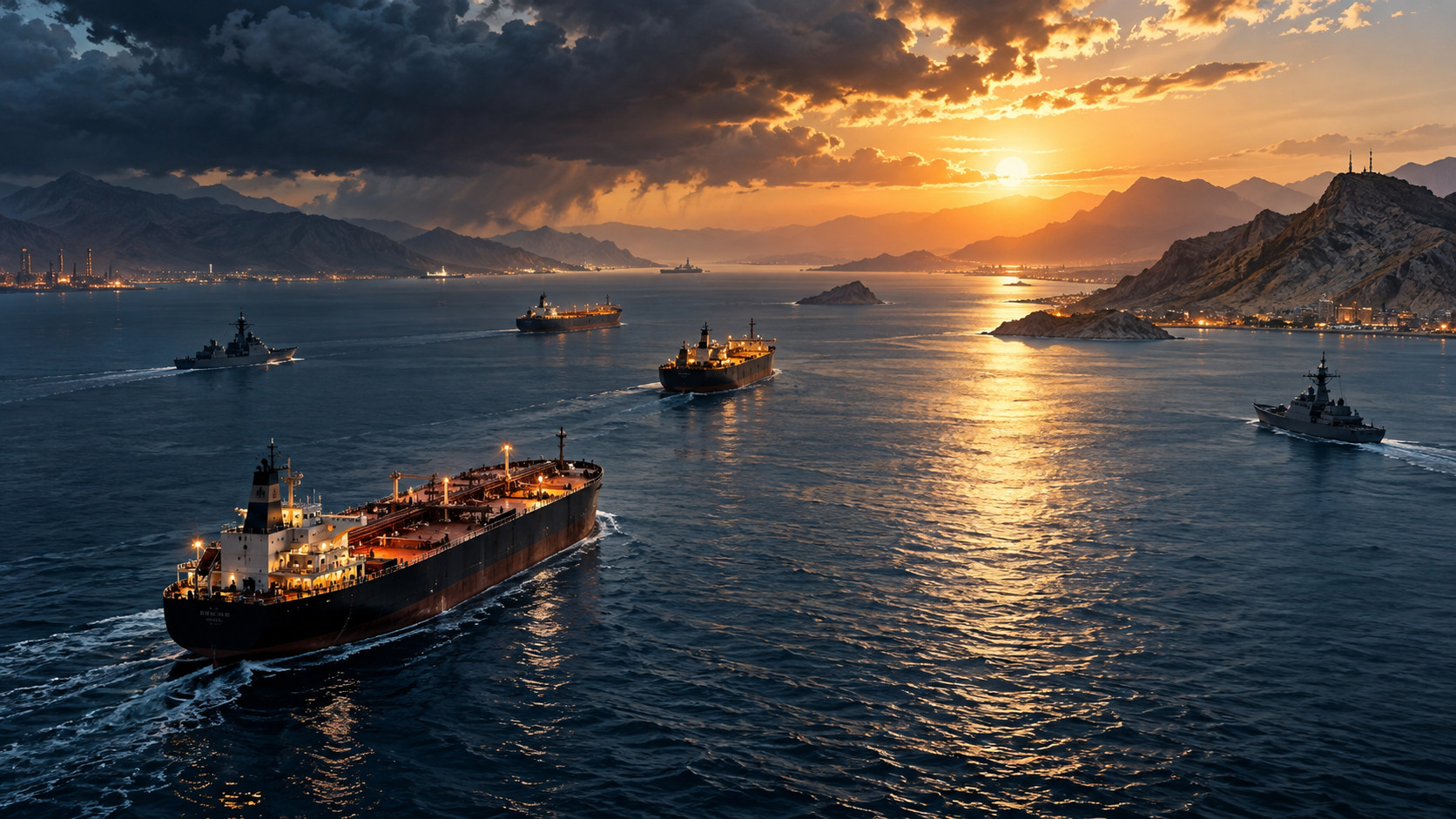Symbolic maritime scene representing the Iran conflict and shipping risks; not a photograph of the announced pause.
