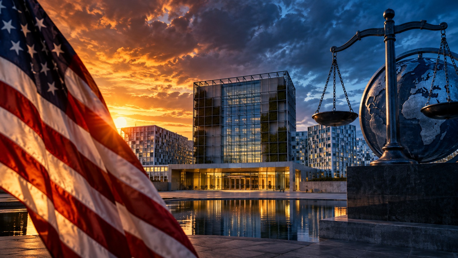 Symbolic editorial artwork showing an American flag, modern international courthouse and scales of justice against a dramatic sky; not a documentary photograph.