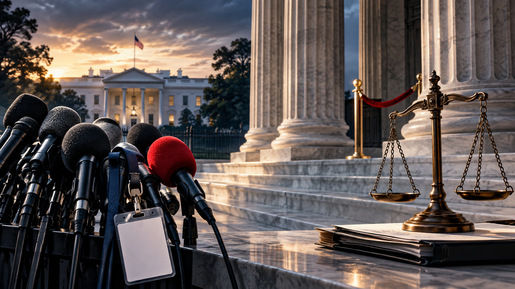 Symbolic montage of government institutions and press microphones; not a photograph of an actual court proceeding.