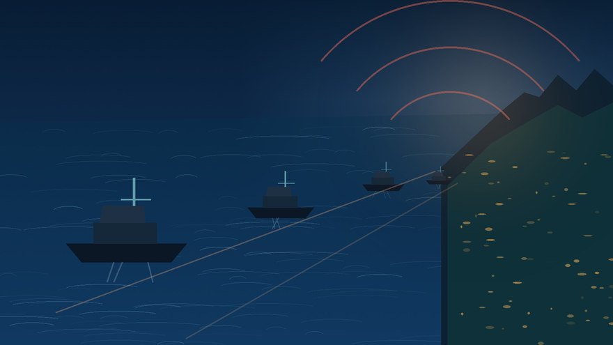 Symbolic editorial illustration: Maritime activity and shipping routes east of Taiwan. Not a documentary photograph of actual events.
