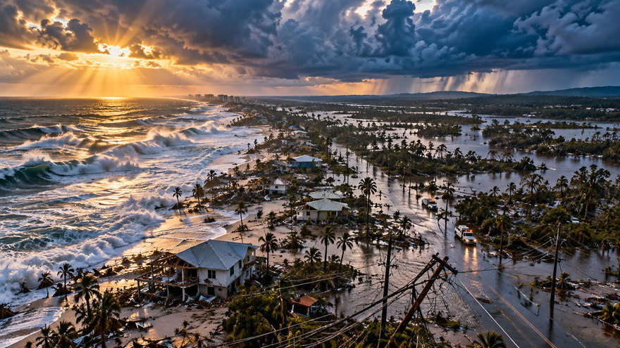 Symbolic editorial illustration: A Gulf Coast community facing storm damage and recovery. Not a documentary photograph of actual events.