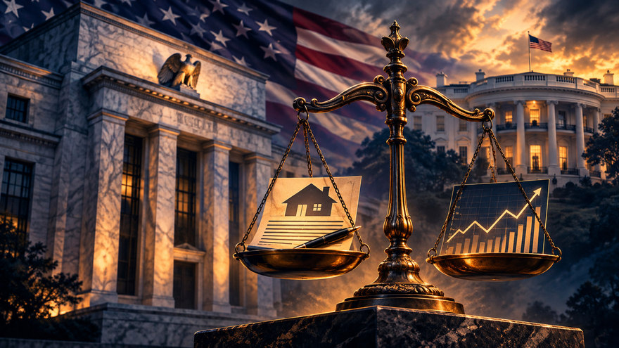Symbolic editorial illustration: The Federal Reserve and a disputed official inquiry. Not a documentary photograph of actual events.