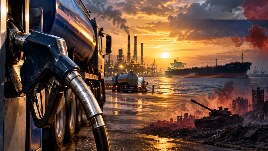 Symbolic editorial illustration: Fuel transport and geopolitical trade-offs involving the United States, Russia and Ukraine. Not a documentary photograph of actual events.