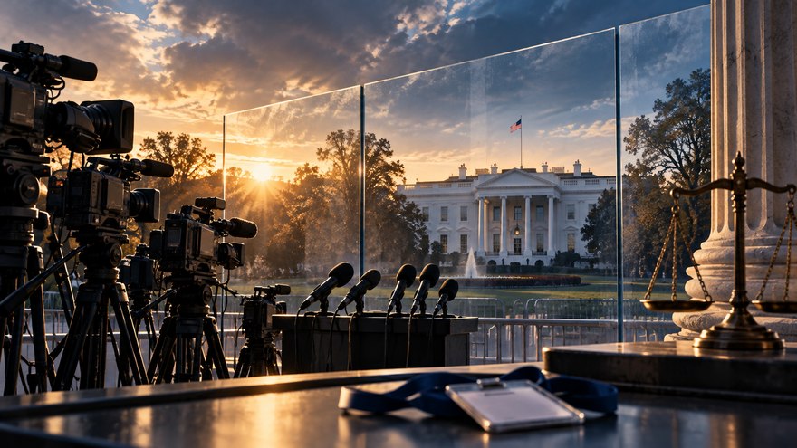 Symbolic editorial illustration: White House press camera equipment, glass panel and symbolic justice scale; not an event photograph.. Not a documentary photograph of actual events.