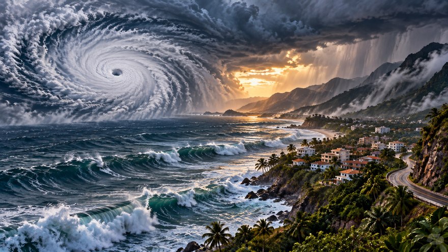 Symbolic editorial illustration: A symbolic Pacific hurricane and a vulnerable mountainous coast; not actual storm imagery.. Not a documentary photograph of actual events.