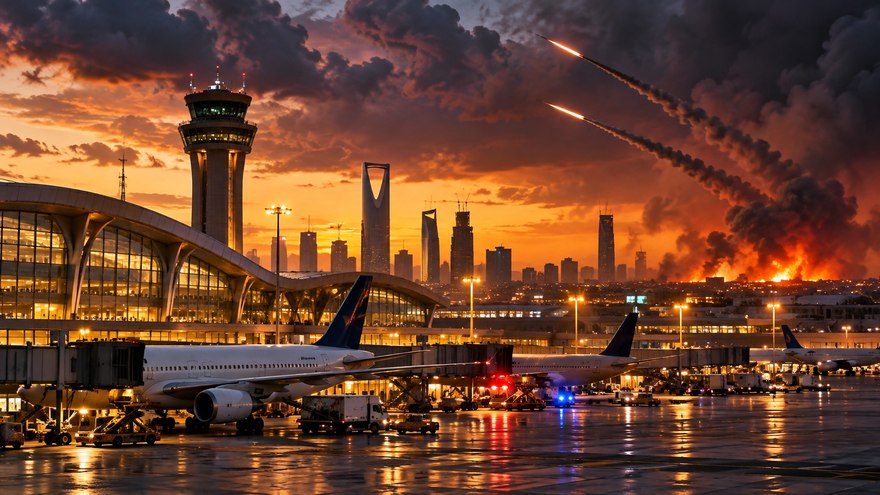 Symbolic editorial illustration: An airport and darkening regional conflict, shown symbolically; no documentary claim.. Not a documentary photograph of actual events.