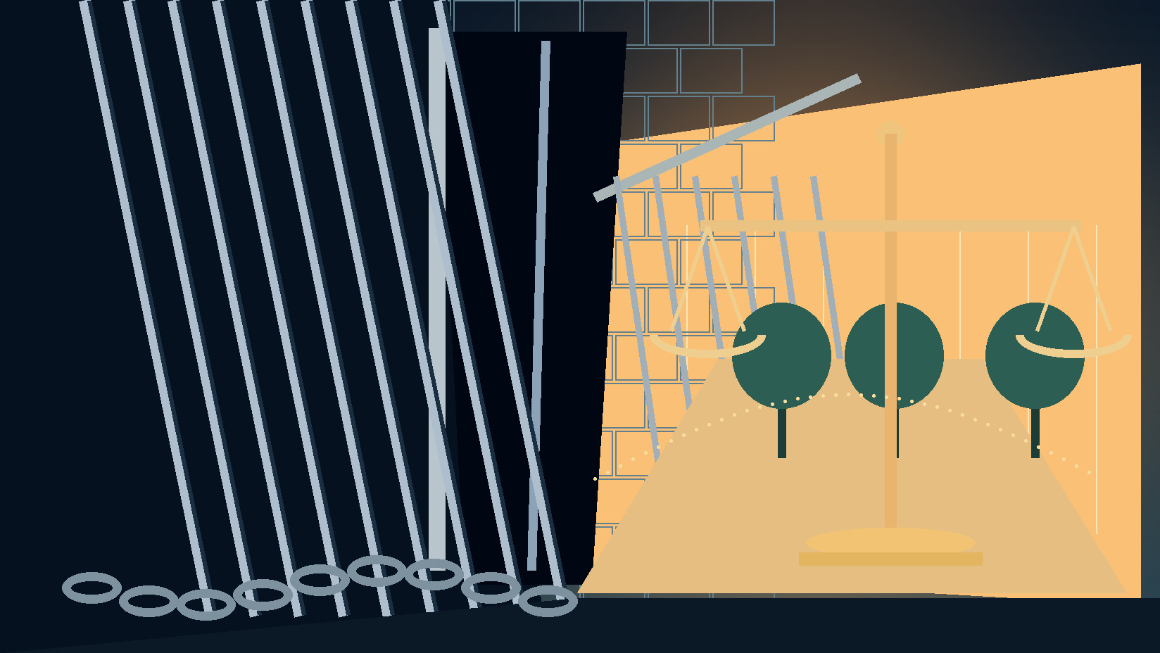Symbolic editorial illustration: Symbolic prison-to-freedom passage, justice scale, light and shadow; no identifiable prisoner.. Not a documentary photograph of actual events.
