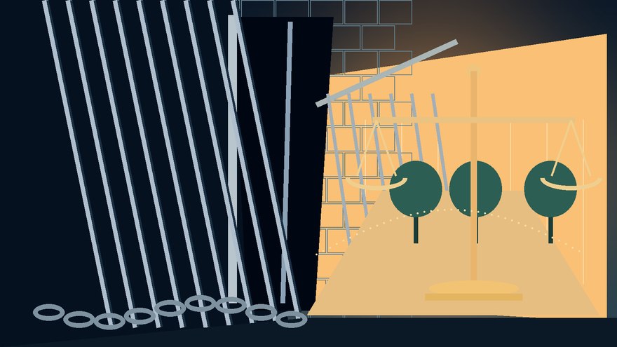 Symbolic editorial illustration: Symbolic prison-to-freedom passage, justice scale, light and shadow; no identifiable prisoner.. Not a documentary photograph of actual events.
